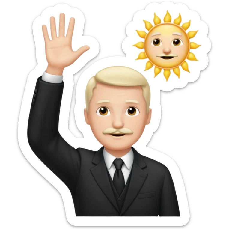Adolf h , wearing suit and mustache short like charlie chaplin. Raising his hand to sun sticker