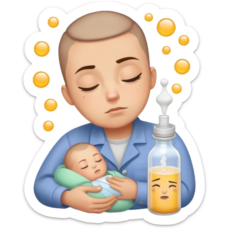Hair: Buzzcut with baby photo sticker on temple Face: Sleep-deprived squint, formula powder residue Clothes: Stained button-up with mismatched socks Action: Bottle-warming while debugging code sticker