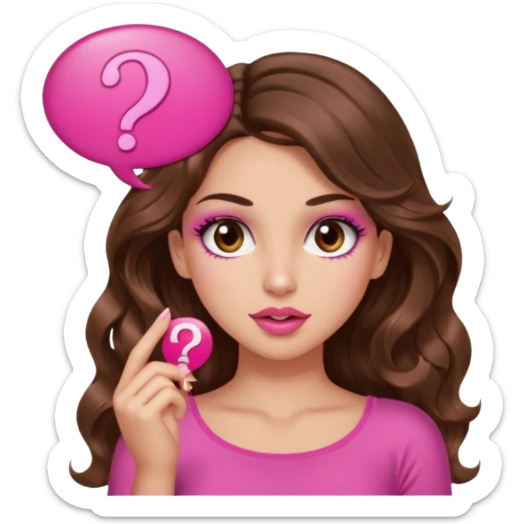 girl with long wavy brown hair, brown eyes, long lashes makeup, sexy pink lips, light to medium complexion, wearing a pink sexy top, shugging, question mark one speech bubble sticker