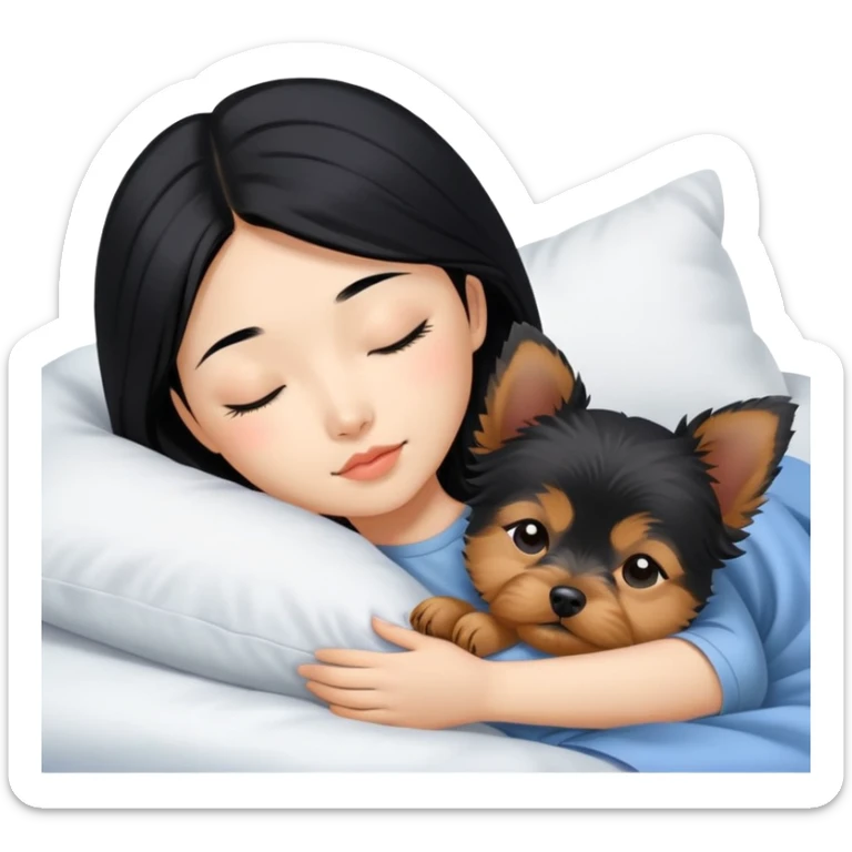 pretty asian girl with black hair sleeping in bed with small yorkshire terrier sticker