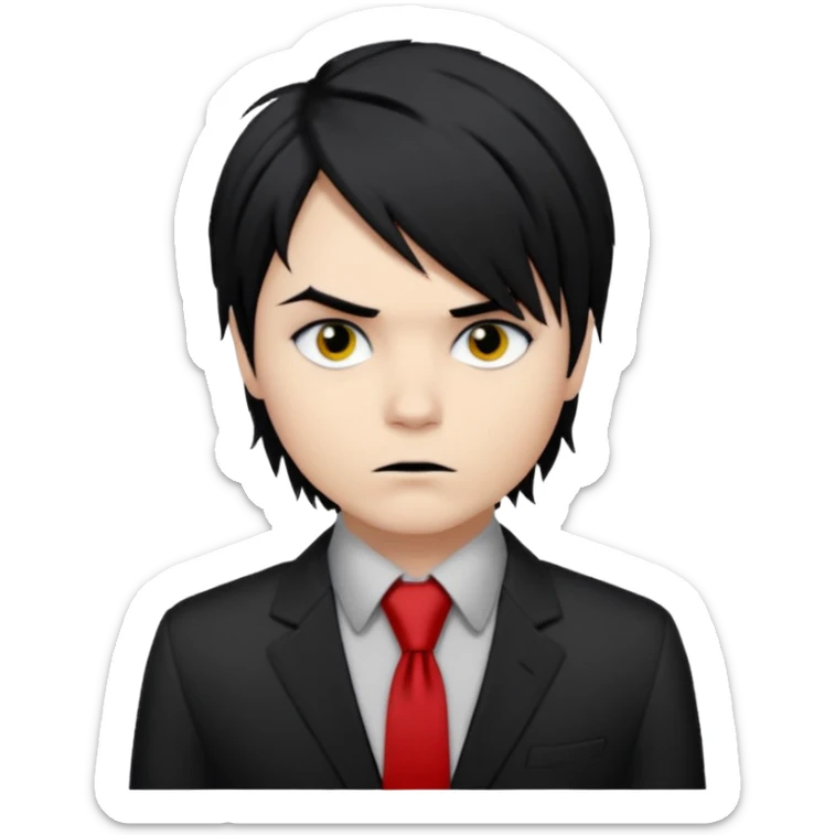 Gerard Way (Revenge Era)
Round, simplified emoji style
Pale skin tone dark eyes
Jet-black, shoulder-length hair messy and emo
Heavy eyeliner and slight red shadow under the eyes
Subtle serious
Hint of red tie visible on black button up shirt.
Transparent background. Black eyeliner. Messy emo hair sticker