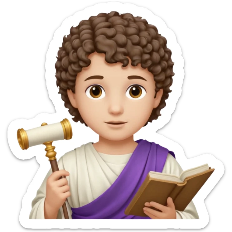 An emoji portrait of a young Roman patrician. He wears a white toga with a purple border. He has short curly hair and a dignified expression, holding a small scroll. sticker
