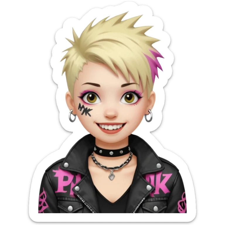 a punk girl with short dyed hair and wear a punk graffiti jacket with black choker grin playfully  sticker