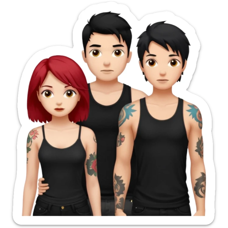 generate a fair boy with messy black hair, tattoos. standing beside a fair black haired girl wearing a black cami top and a tan girl with red hair sticker