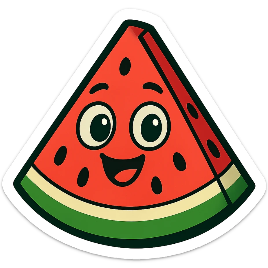 a smiling slice of watermelon with big eyes, vibrant toon style sticker