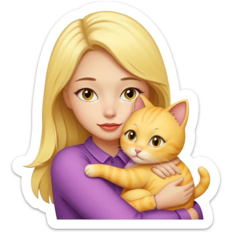 Sarışın elinde kedi olan ve hafif ruj ve rimel sürmüş sarı kedisine sarılan bir kız sticker