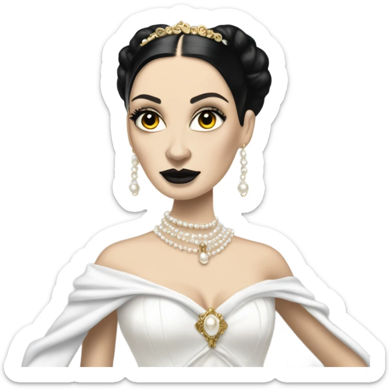 Tall realistic face teen Morticia Addams as Princess Leia in ruffled white-pearl ballet ball gown with gold accents and accessories  sticker
