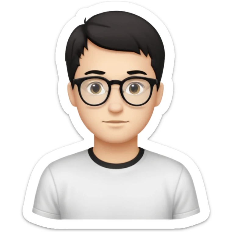 Style anchor + Young adult male American, light-medium skin, short black hair, white crew-neck tee, thin black-rim glasses, friendly neutral. sticker