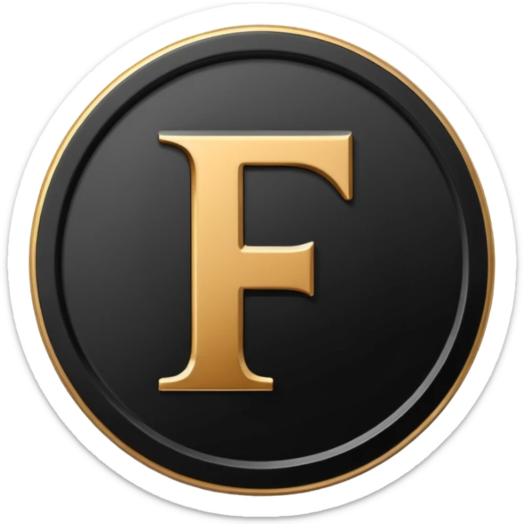 Emoji icon of a black coin with engraved letter F, minimalist style, isolated sticker