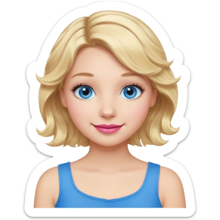 Girl Blonde short wavy hair,  blue eyes, cute blue top, long lashes, pink lips, smiling, 👍🏻 sticker