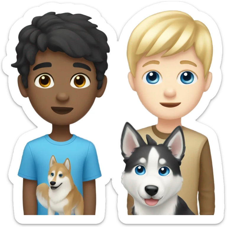 Black hair Pale skin boy, blond hair pale skin boy and a one golden Husky with blue eyes sticker