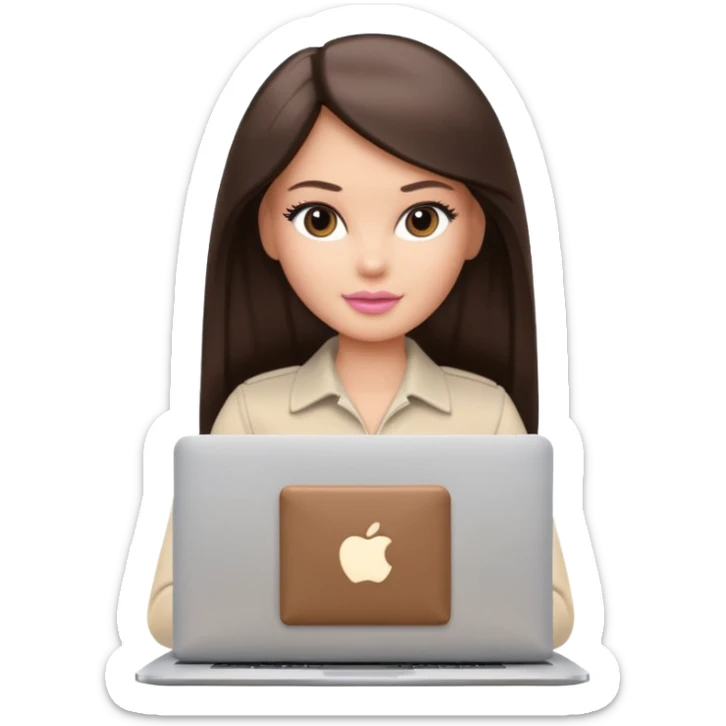 Barbie girl with a long straight dark brown hair inside a pale beige clothes working MacBook  sticker