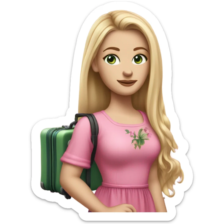 Realistic White girl with Long straight blonde hair and green eyes, tattoos, full body wearing pink dress, holding pink luggage sticker
