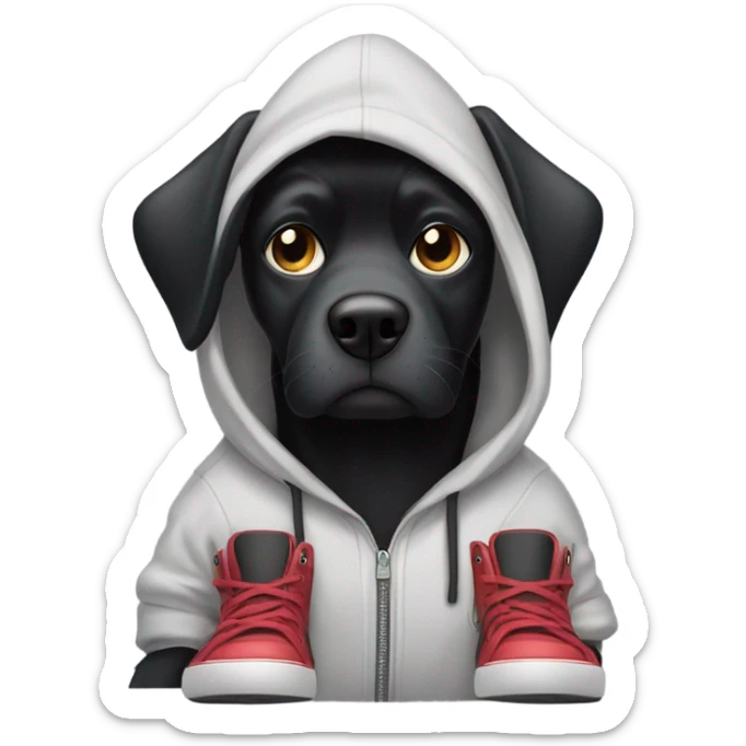 black dog in a hoodie with a cellphone and big shoes sticker