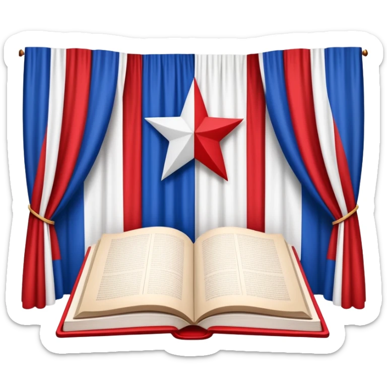 Book of theatrical set design with cover designed like the Puerto Rican flag, red and blue stripes with white star, theater curtains visible on pages sticker