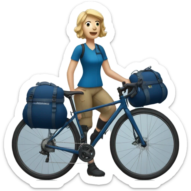 bikepacking white woman on a dark blue bike with bike bags at the back  sticker