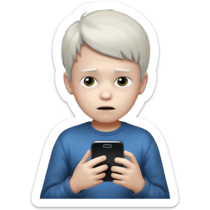 un niño de entre 3 - 10 años jugando con su celular, cansado en una habitacion apagada, el niño tiene piel blanca

 sticker
