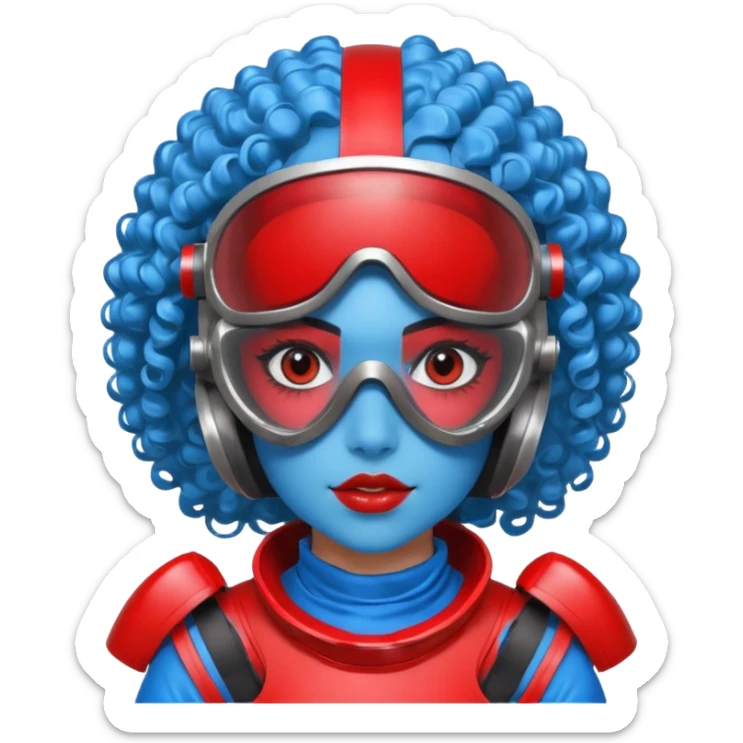 blue curly haired girl with huge earrings, wearing red paintball helmet and eye protection, only face  sticker