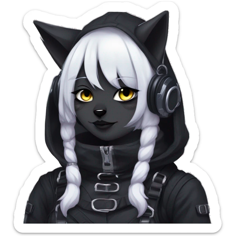 Gorgeous furry gothic dark techwear anime style anthro black cat fursona with blushing face aesthetic and pretty edgy black with collar and harness trending style sticker