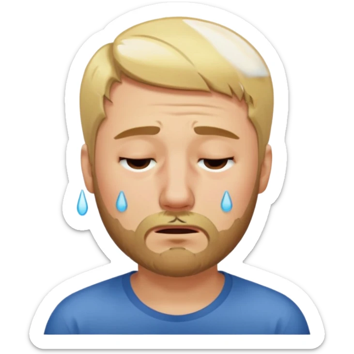 A man with short unparted blond hair hair and a short brown  beard making a weary crying  face with eyes closed sticker