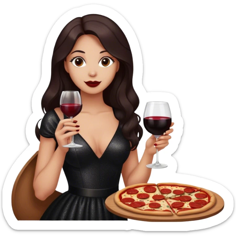 Beautiful woman in 1950’s woman fashion look, black shimmery dress, long dark brown hair, red wine, Pepperoni pizza sticker