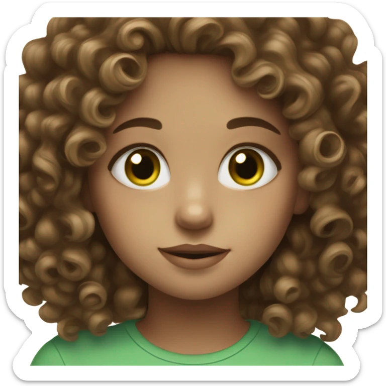 a brown curly haired girl with green eyes, white skin and pretty mims sticker