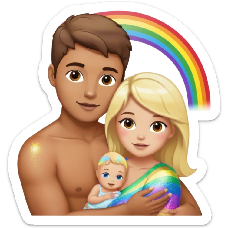Brunette man and brunette woman with blonde baby, gay, rainbow, glitter, pride sticker