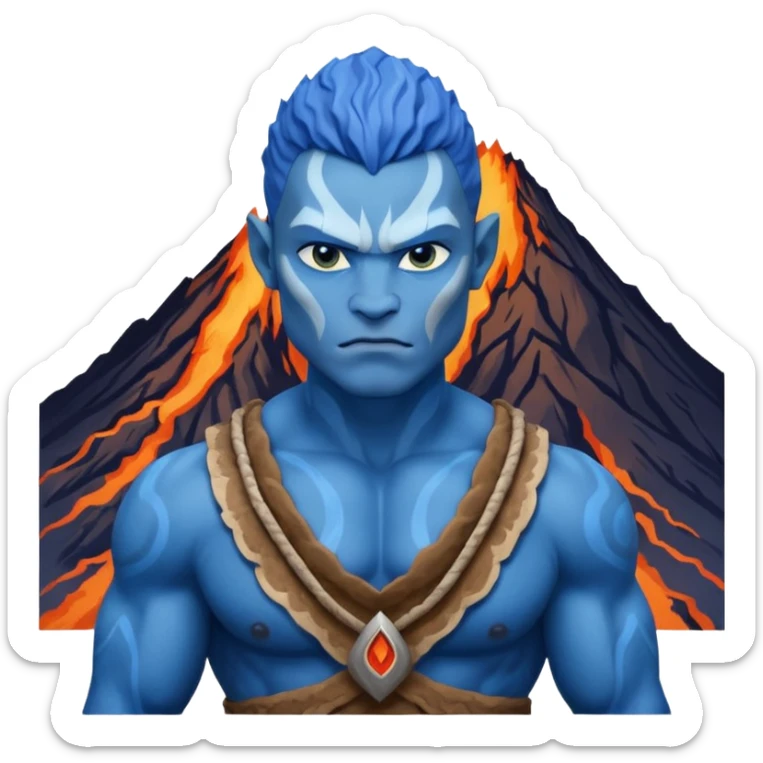 a Avatar blue skin wearing ancient animal skin cloth with volcano behind, half body, icon sticker