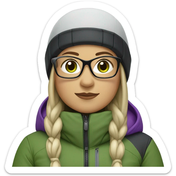 Green-eyed, chubby female skier with long straight hair, glasses, grey purple snow jacket, long black pants, black only snow boots and black skis looking cool. sticker