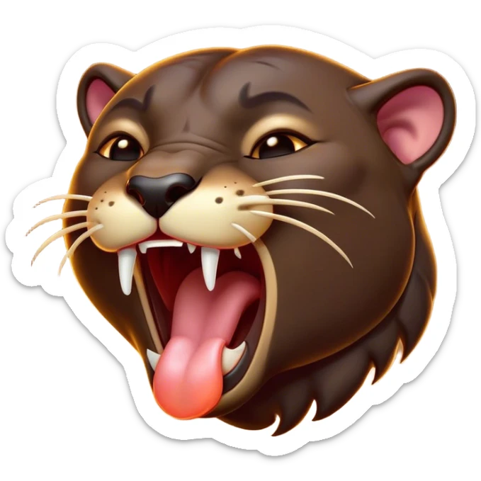Cinematic Cute Yawning Panther Portrait Emoji, Head tilted slightly with a dramatic, wide-open yawn, showcasing a sleek, shadowy form with drowsy, half-closed eyes and a relaxed, open expression, Simplified yet irresistibly adorable features, highly detailed, glowing with a soft, cozy dark glow, high shine, relaxed yet expressive, stylized with a dash of whimsical elegance, soft glowing outline, capturing the essence of a drowsy yet affectionate jungle guardian that appears ready to stretch out for a nap! sticker