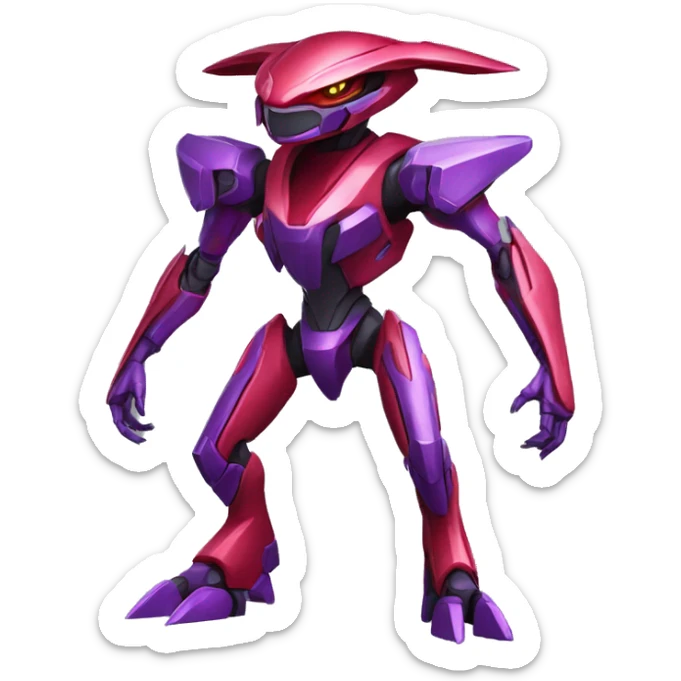 a shiny purple-red Genesect-Raptor-Fakémon—hybrid with a futuristic visor-helmet full body sticker