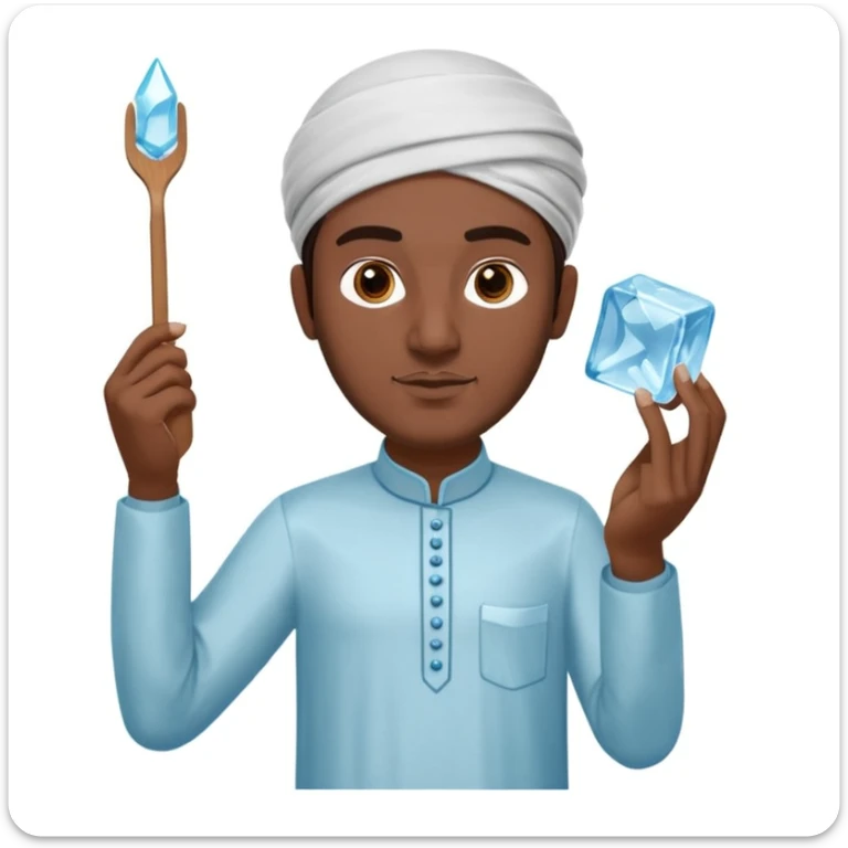 Pakistani street ice seller holding an ice pick (suva) in one hand and a large transparent ice cube in the other, wearing simple shalwar kameez, standing confidently with a focused expression, 3D, shiny, clean, minimal, matching iPhone emoji design, plain white background sticker