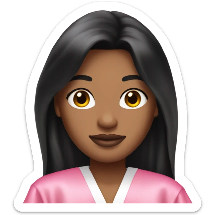 Light complexion woman with long black hair wearing a silk pink Victoria’s Secret robe sticker