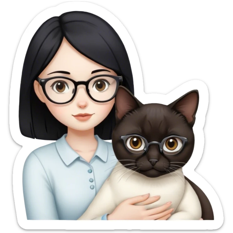 A girl with black hair and brown eyes, wearing glasses and holding a white Siamese cat. sticker