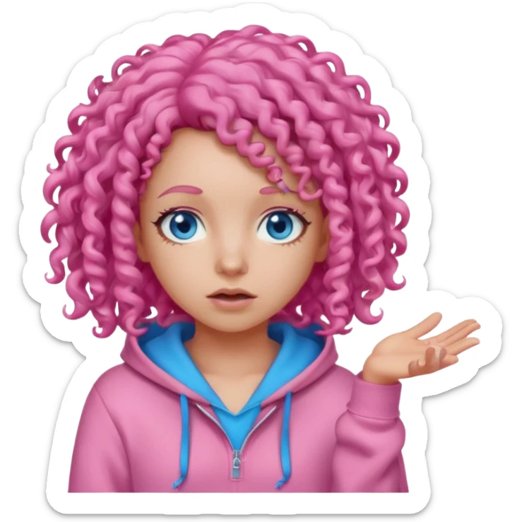 Girl in pink hoodie with pink curly hair and blue eyes shrugging  sticker