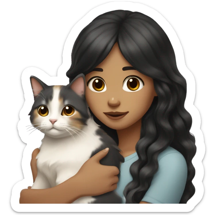 TAN SKIN GIRL with LONG BLACK WAVY HAIR and BANGS; HUGGING a LIGHT BROWN, GRAY, WHITE CALICO CAT  sticker