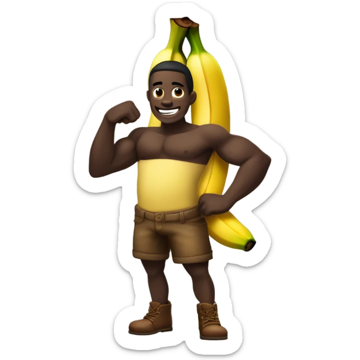 Use standard IOS emojis of a banana, a log, an obergine and flexed biceps: dark skin ton and generate the following: an obergine with two logs as eyes and a banana as smile and two biceps as h sticker