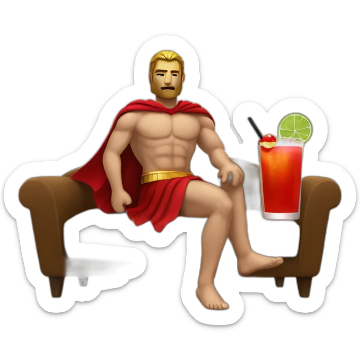 The Spartan Leonidas and his red cape with a relaxing cocktail on a sofa. sticker