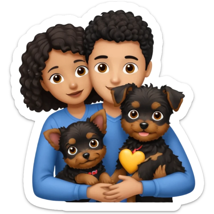 Young man with little brown skin, black curly hair, cheerful dark brown eyes, hugging two yorkie female sticker