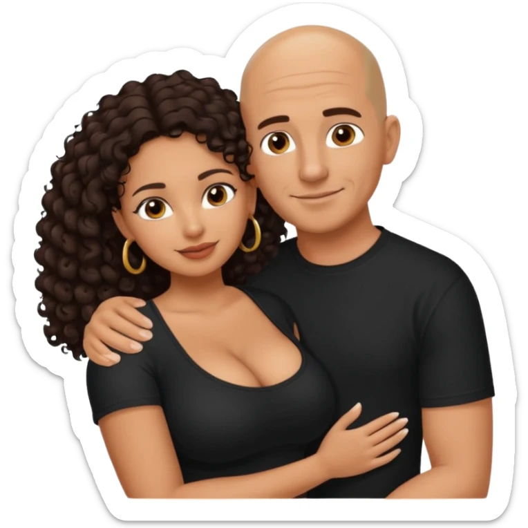 A picture of an embracing tanned couple. the man is a Mexican man with tanned skin, with a bald hair cut, and wearing a black shirt. the woman is mixed, with glasses,  with long curly dark brown hair and with big boobs. Remove the glasses from the guy sticker