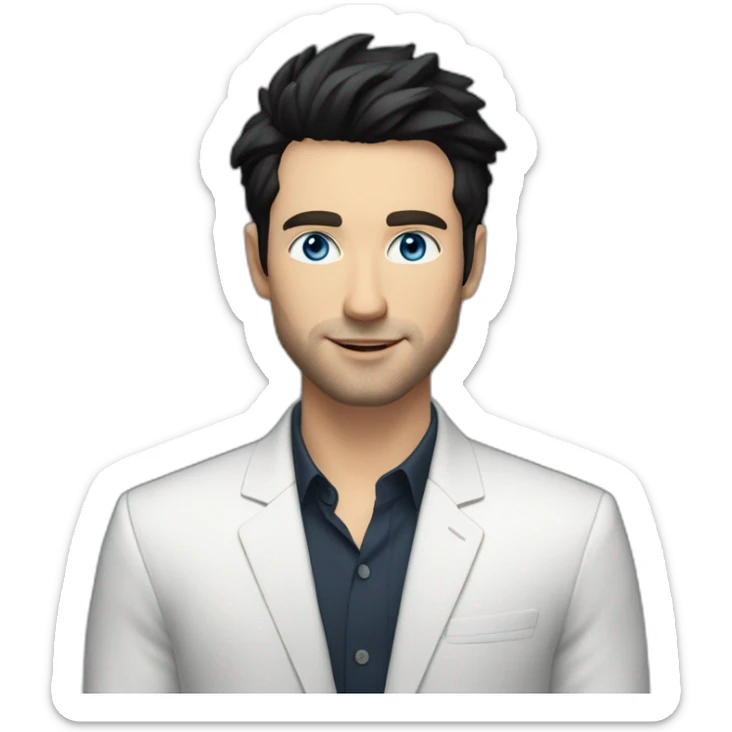 man, blue eyes, 30 year old, white skin, black hair, blazer with t-shirt, good looking sticker