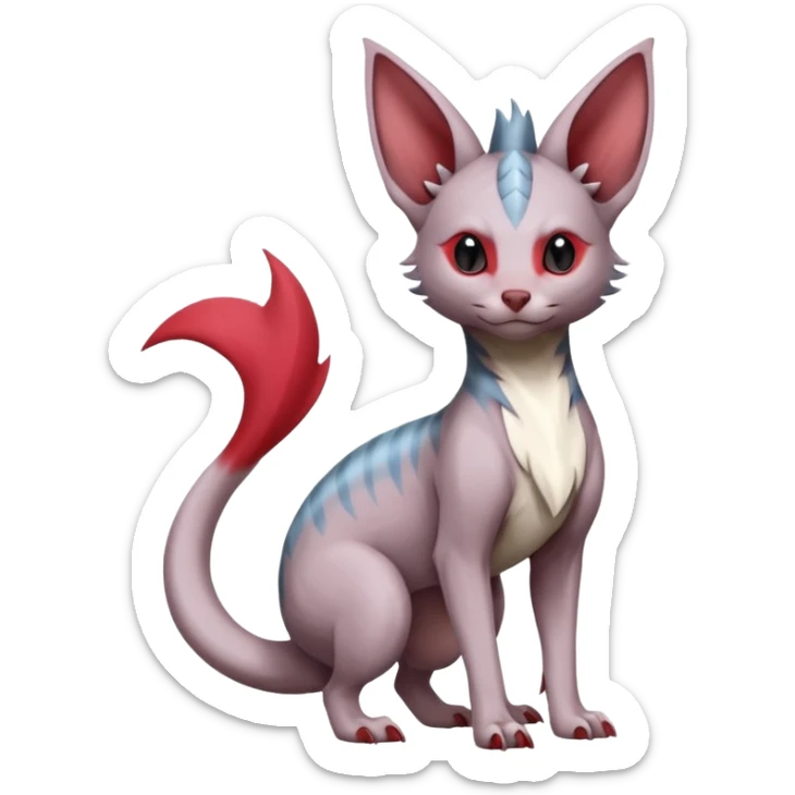 Minccino-Lykoi-Nidoran-Sphynx-Linoone-Zangoose-fusion-hybrid-animal-Fakémon-creature, full body, thin long sleek scaly tail, intricate markings sticker