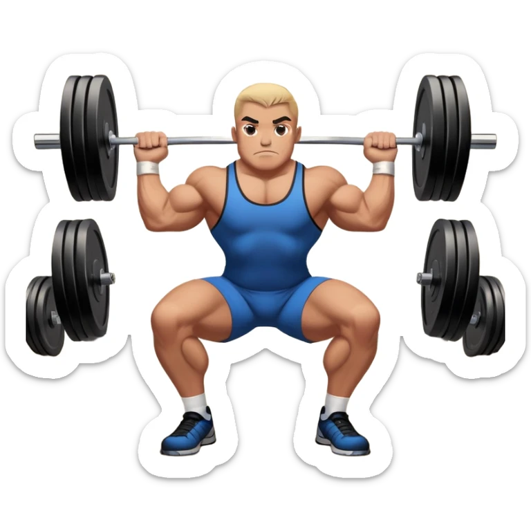Powerlifter lifting a heavy barbell in a dramatic display of strength, muscles flexing under the pressure. The focus is on the lifter's intense effort and the heavy weights on each side. The background features a gym with weights and equipment, emphasizing the raw power of the sport.  sticker