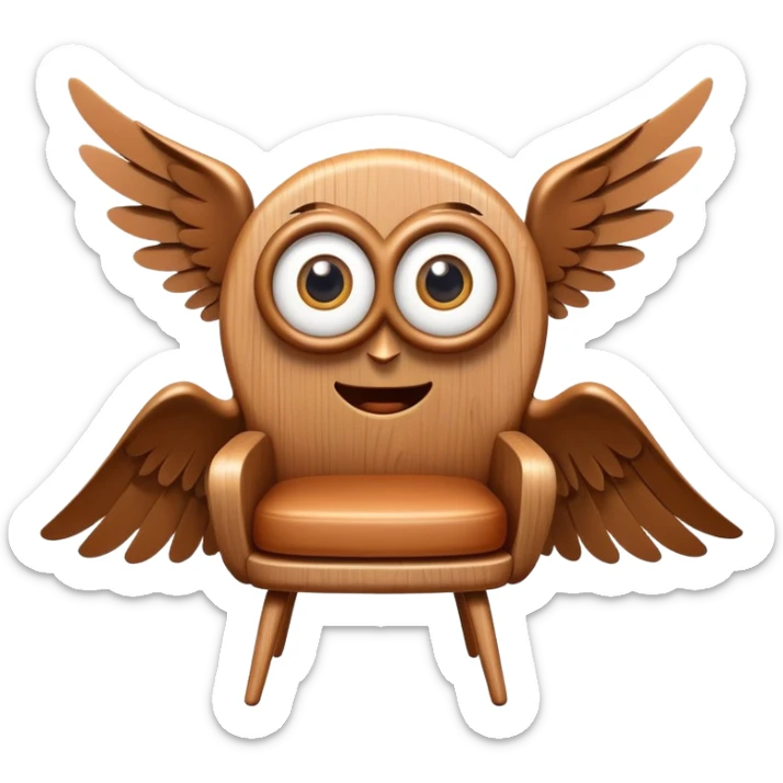 A wooden chair with big cartoon eyes, flying through the air with small wings sticker