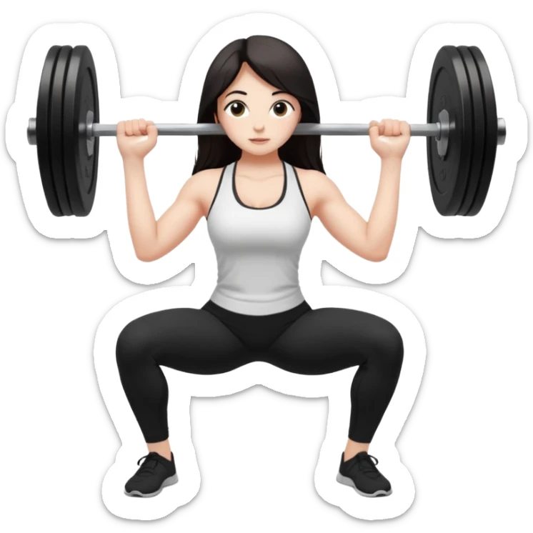 Девушка белокожая, с длинными темными волосами, в одежде для йоги - черные лосины, белый топ, делает присед со штангой 100 килограмм, правильные пропорции тела, только человек sticker