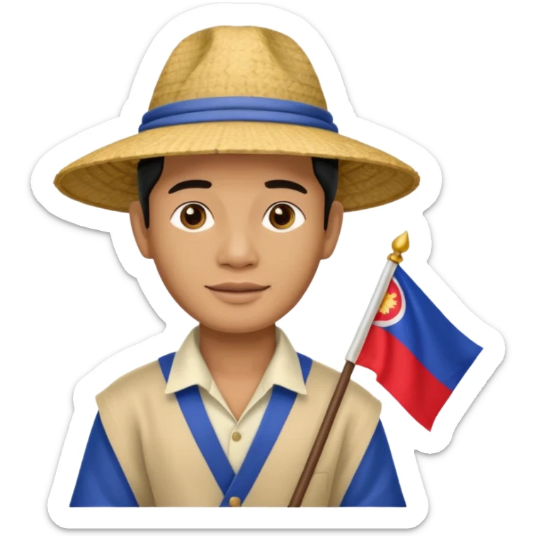 Cambodian man Tourist Guide with small flag in hand and traditional cambodian hat sticker