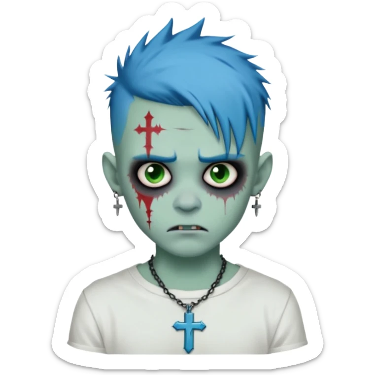 zombie boy with spiky emo blue hair and white shirt , tattos, a risk on the eyebrow, earings,  a necklace with a cross, green skin emoji  sticker
