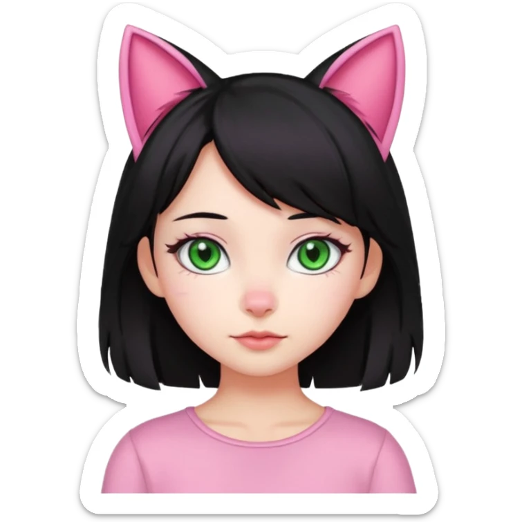 adorable girl, pink cat ears, black hair, green eyes sticker
