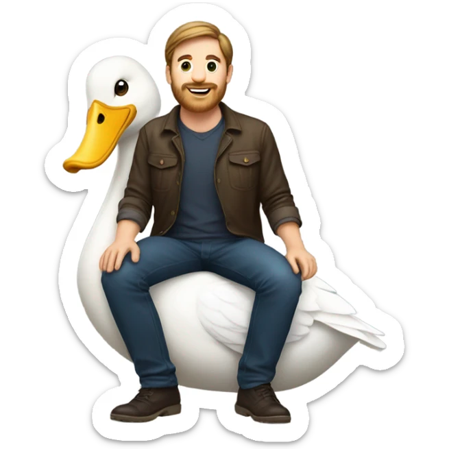 White Man with brunette hair and a short beard riding on the back of a giant duck sticker