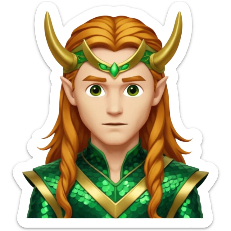 Loki, God of Mischief from Gods and Goddesses with long reddish blonde hair, green and gold sequin outfit sticker